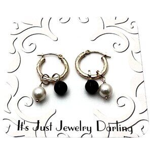 14K Gold Womens Earrings Pierced Hoops Black Onyx Pearl Best Gift Idea for Her